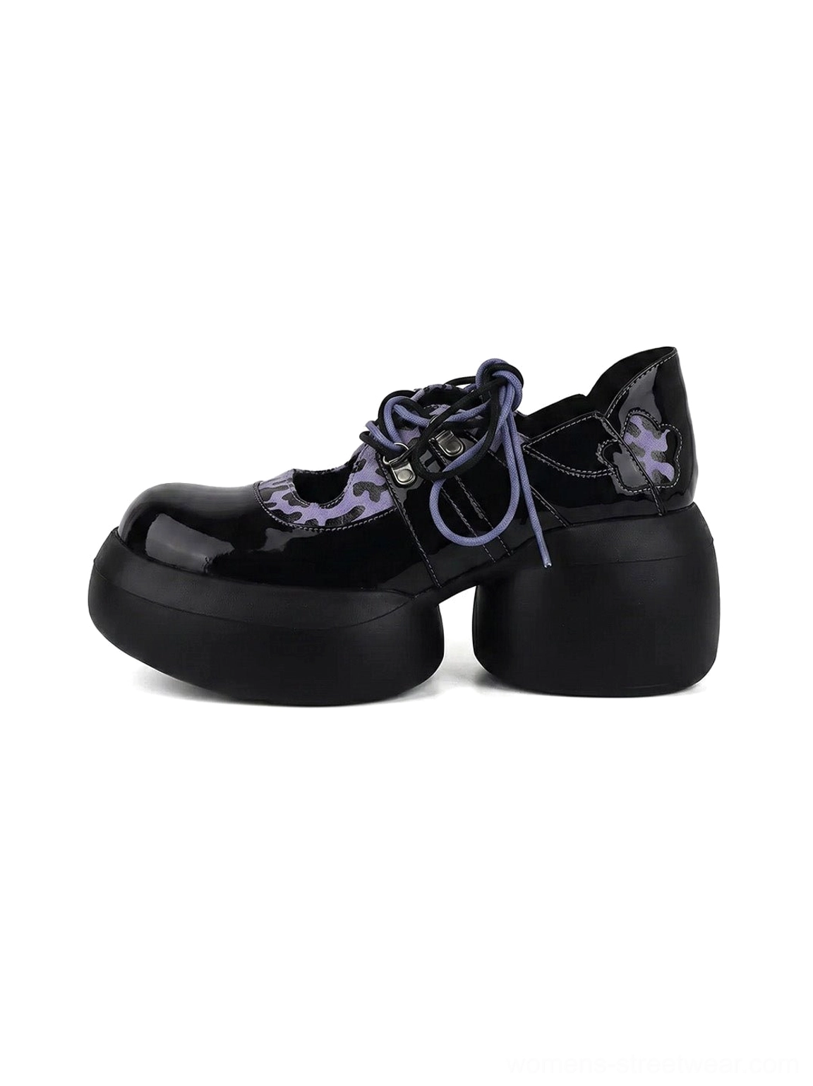 Purple leopard patent lace-up platform Oxford shoes in glossy black shown in left three-quarter product view