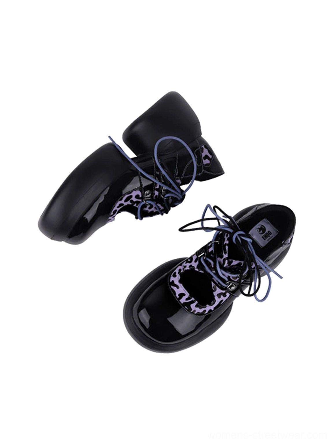 Purple leopard trim and patent-look finish detail on black lace-up platform Oxford shoes