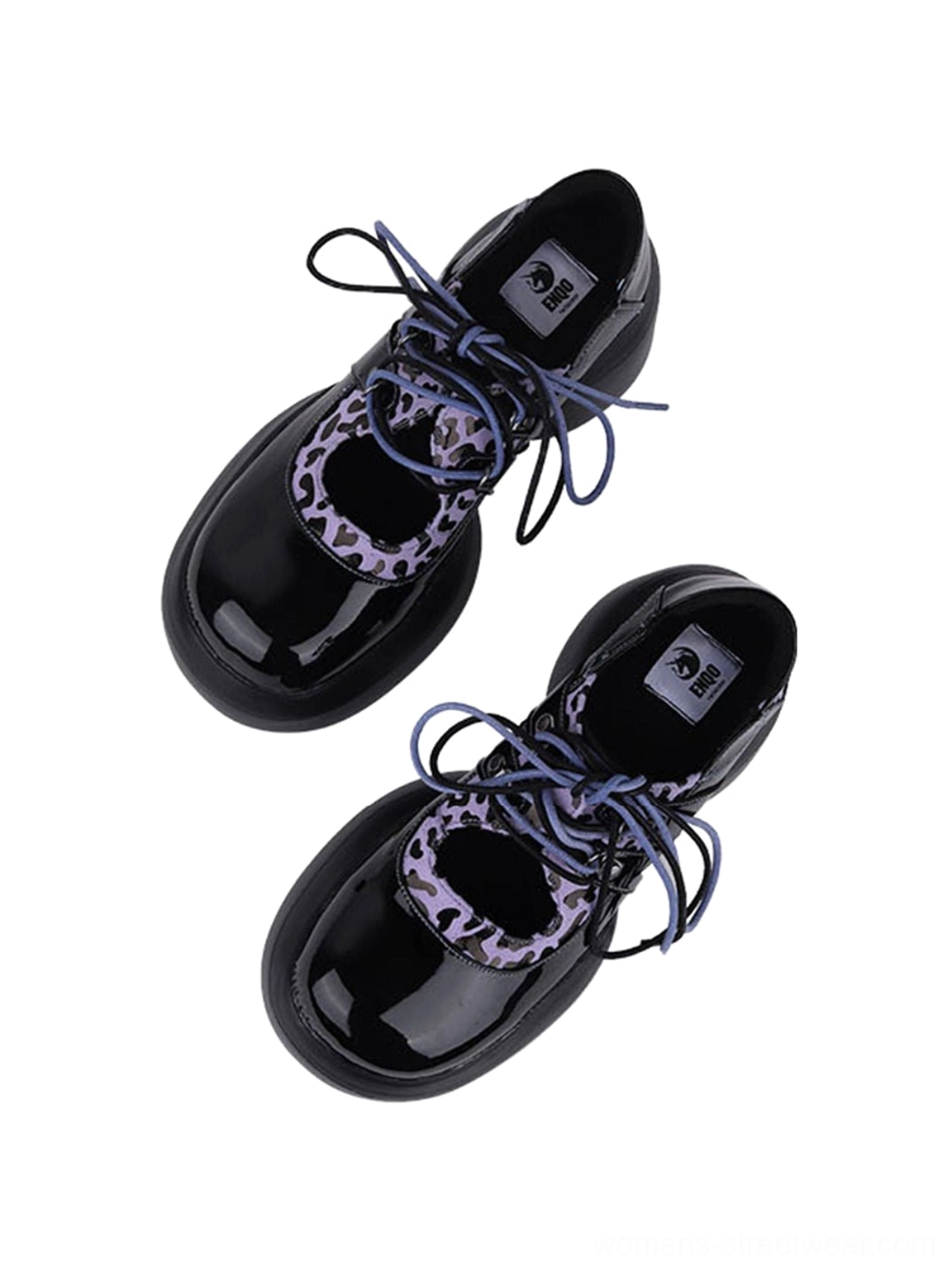 Purple leopard patent lace-up platform Oxford shoes statement footwear product detail view