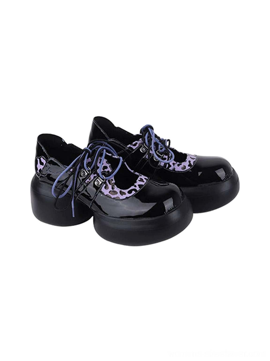 Alternative Y2K black platform Oxford shoes with purple leopard-print panels and butterfly heel detail