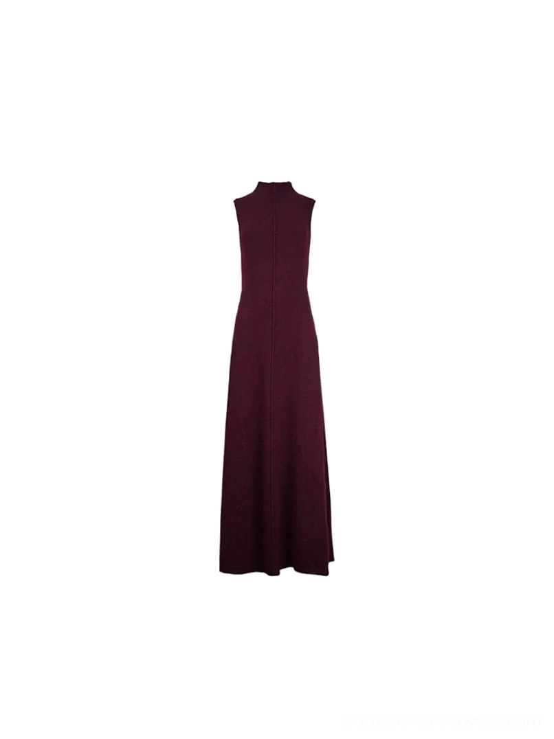 Purple sleeveless mock neck maxi knit dress flat product display showing a fitted full-length silhouette and vertical center seam