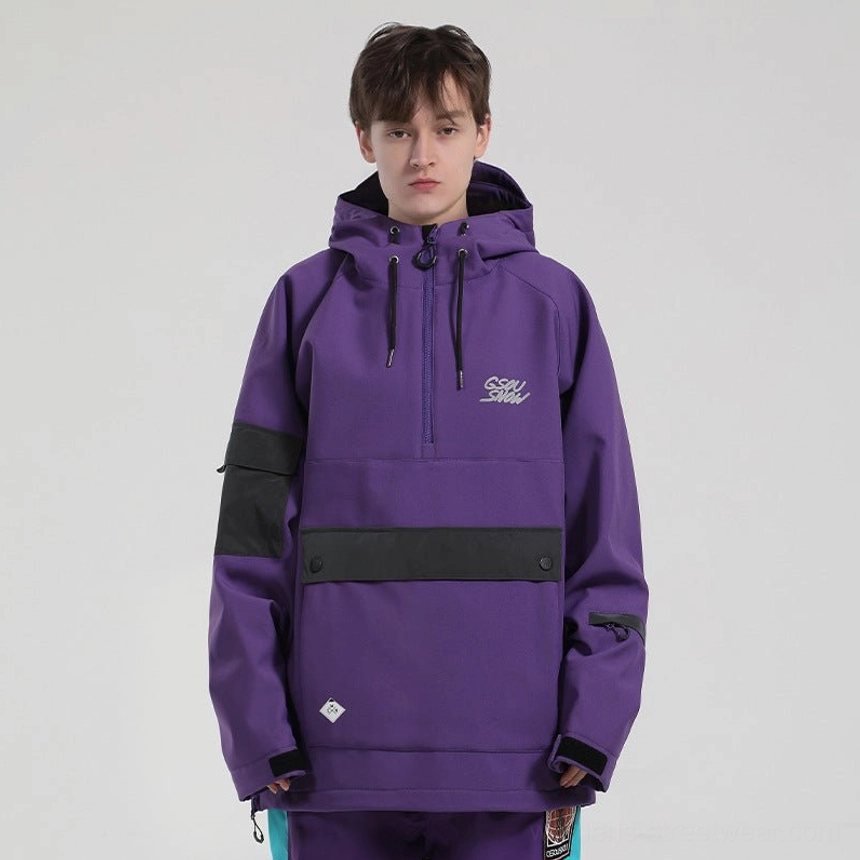 Purple unisex half-zip ski anorak jacket with black contrast sleeve panels and large front cargo pocket