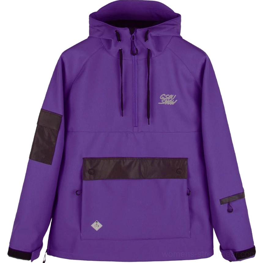 Purple unisex reflective half-zip ski anorak jacket with hood and front cargo pocket streetwear outerwear view