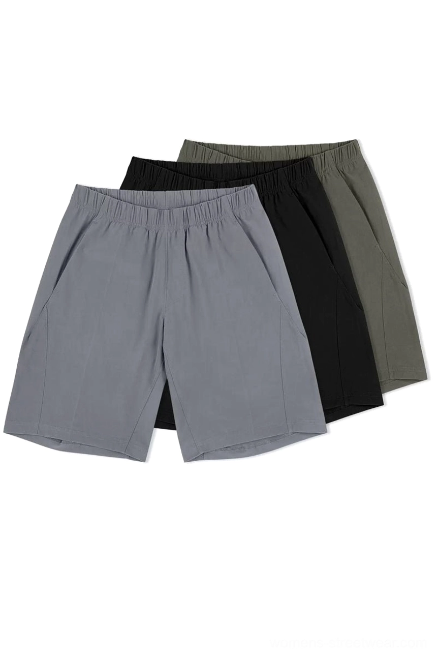 Full color range of lightweight quick-dry tech shorts in light gray, jet black, and dark olive green for modern streetwear outfits