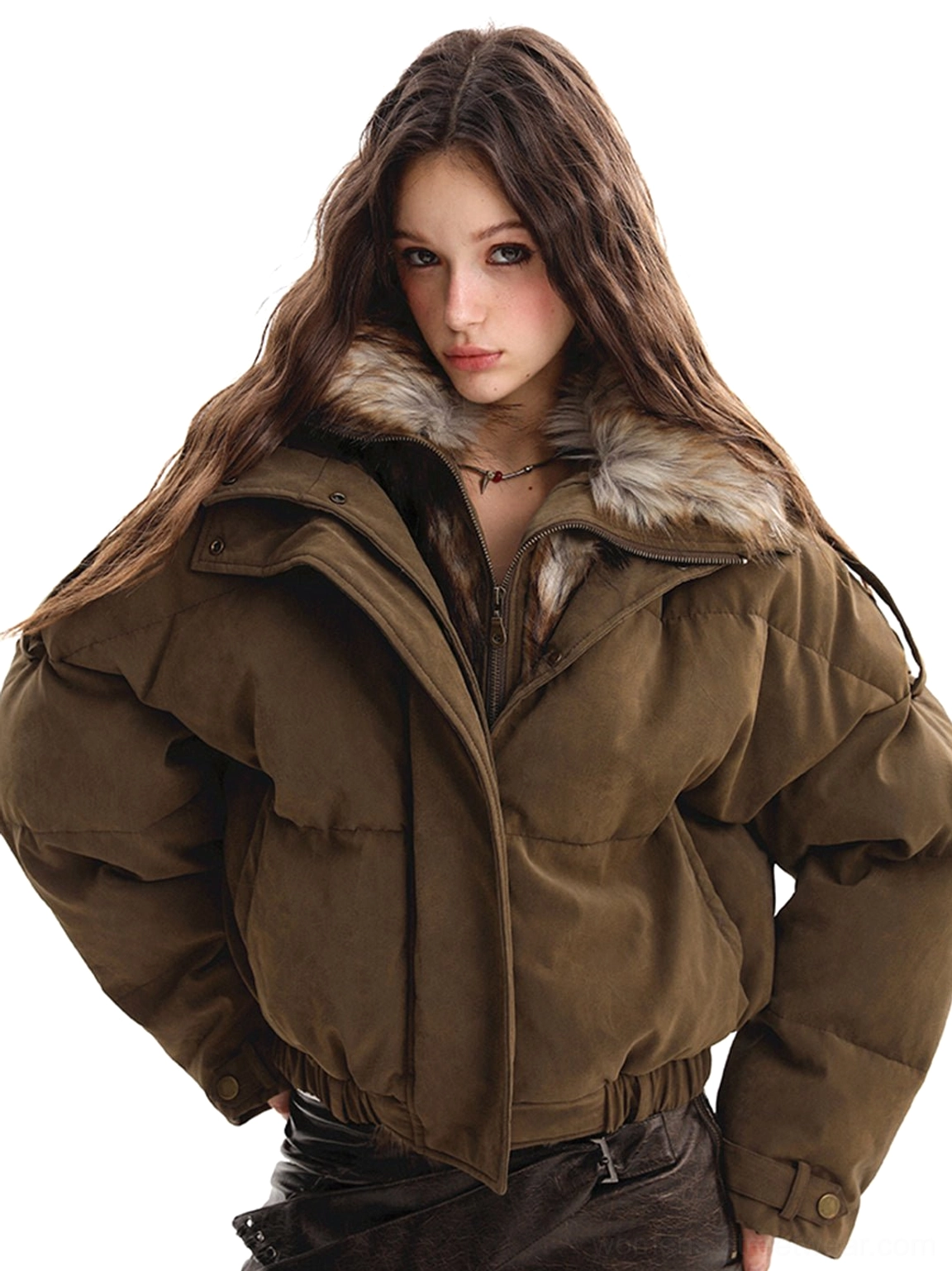 Close-up three-quarter view of a quilted army green cargo puffer jacket with wide drop shoulders, fuzzy faux fur collar, and button cuffs