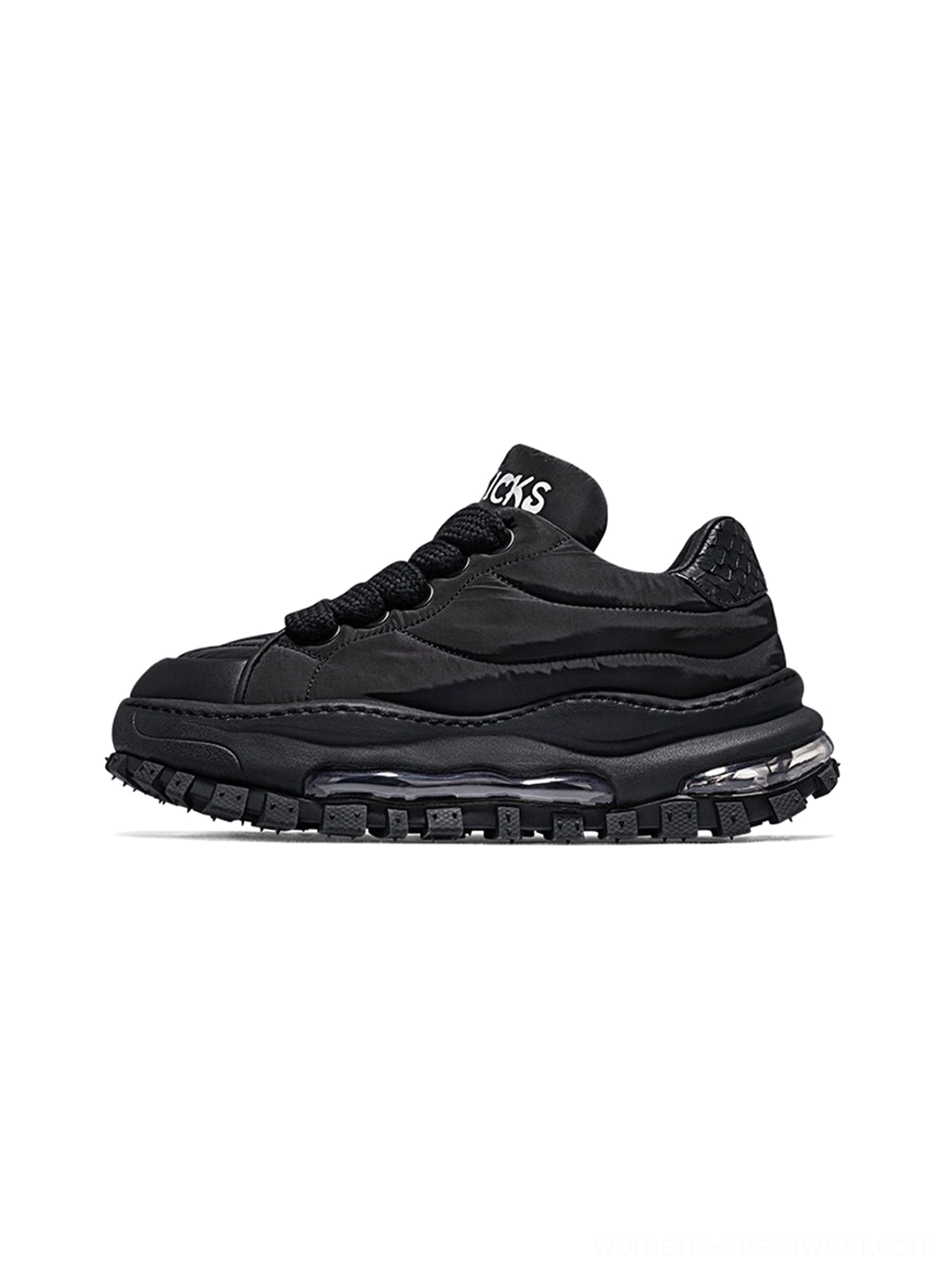 Black quilted leather ripple sole trail runner sneaker with padded upper shown in right side studio view