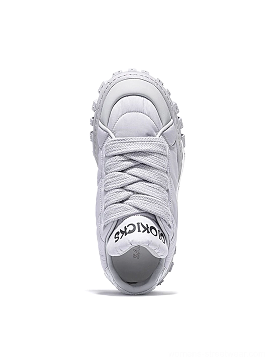 Top view of white quilted leather ripple sole trail runner sneaker with round laces and padded tongue