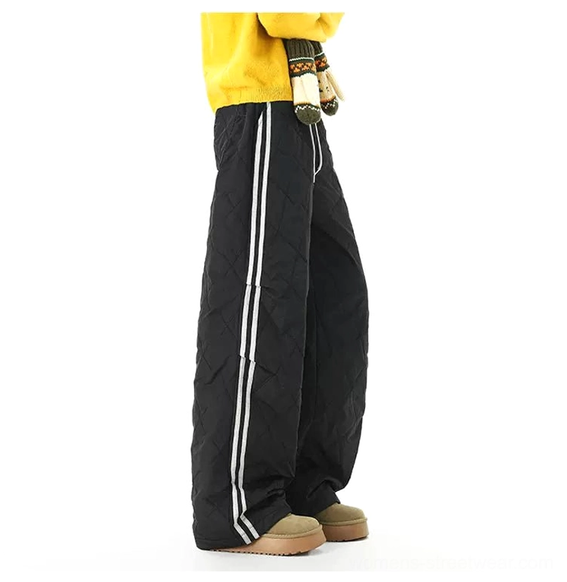 Winter streetwear quilted wide-leg track pants with adjustable drawstring waist and contrast side stripes