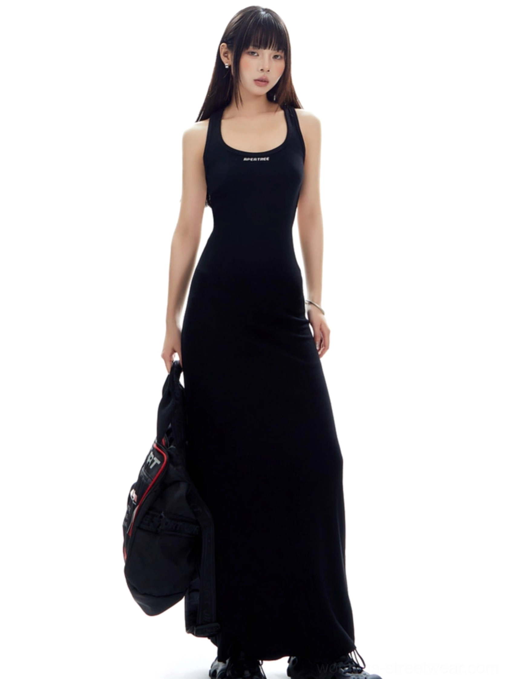 Black racerback ribbed maxi tank dress with slim bodycon silhouette and small chest letter detail