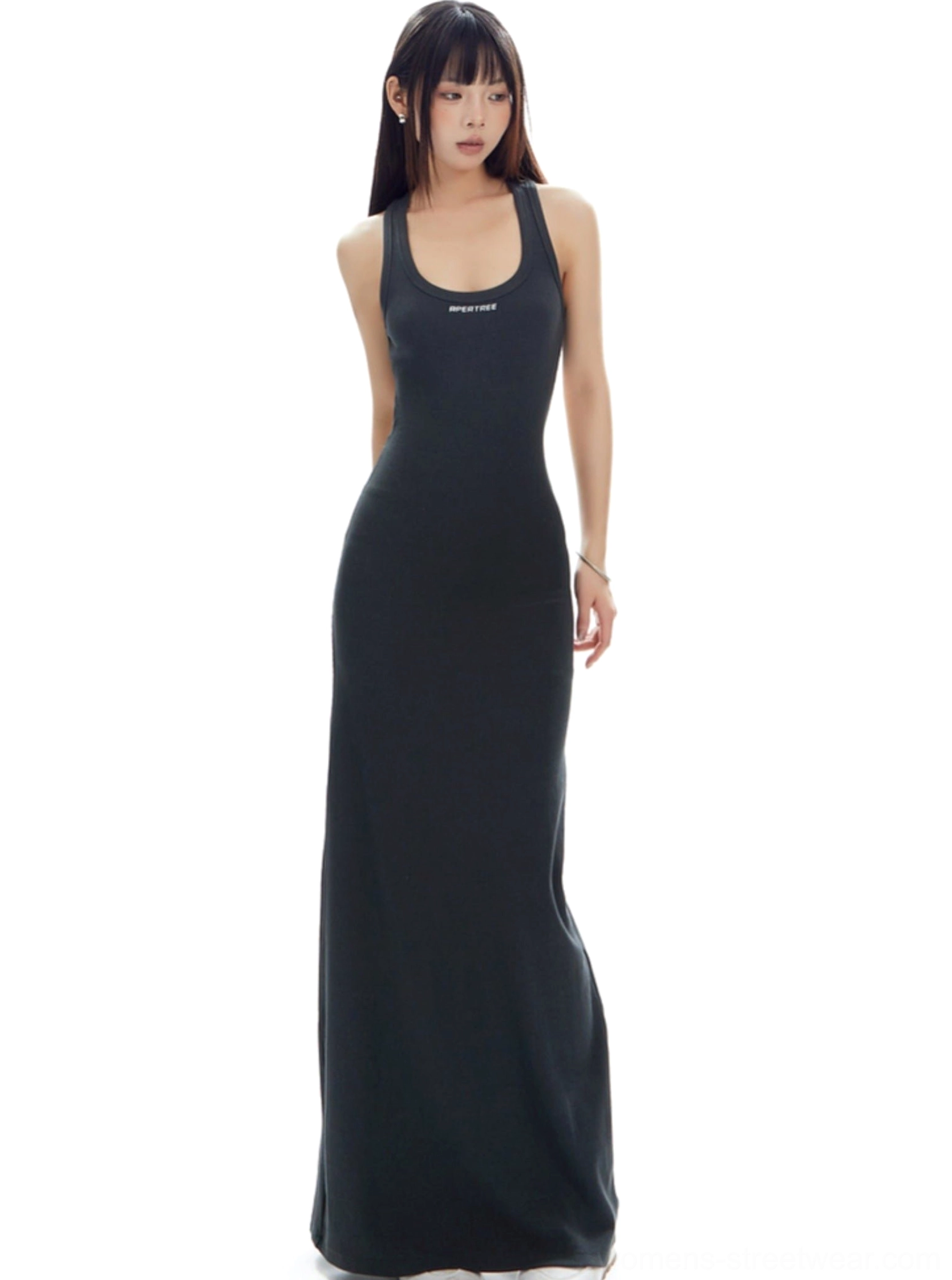 Dark gray racerback ribbed open back maxi dress with minimalist bodycon streetwear silhouette