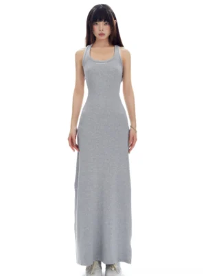 Flower ash light gray ribbed racerback maxi tank dress shown in a front full length studio view