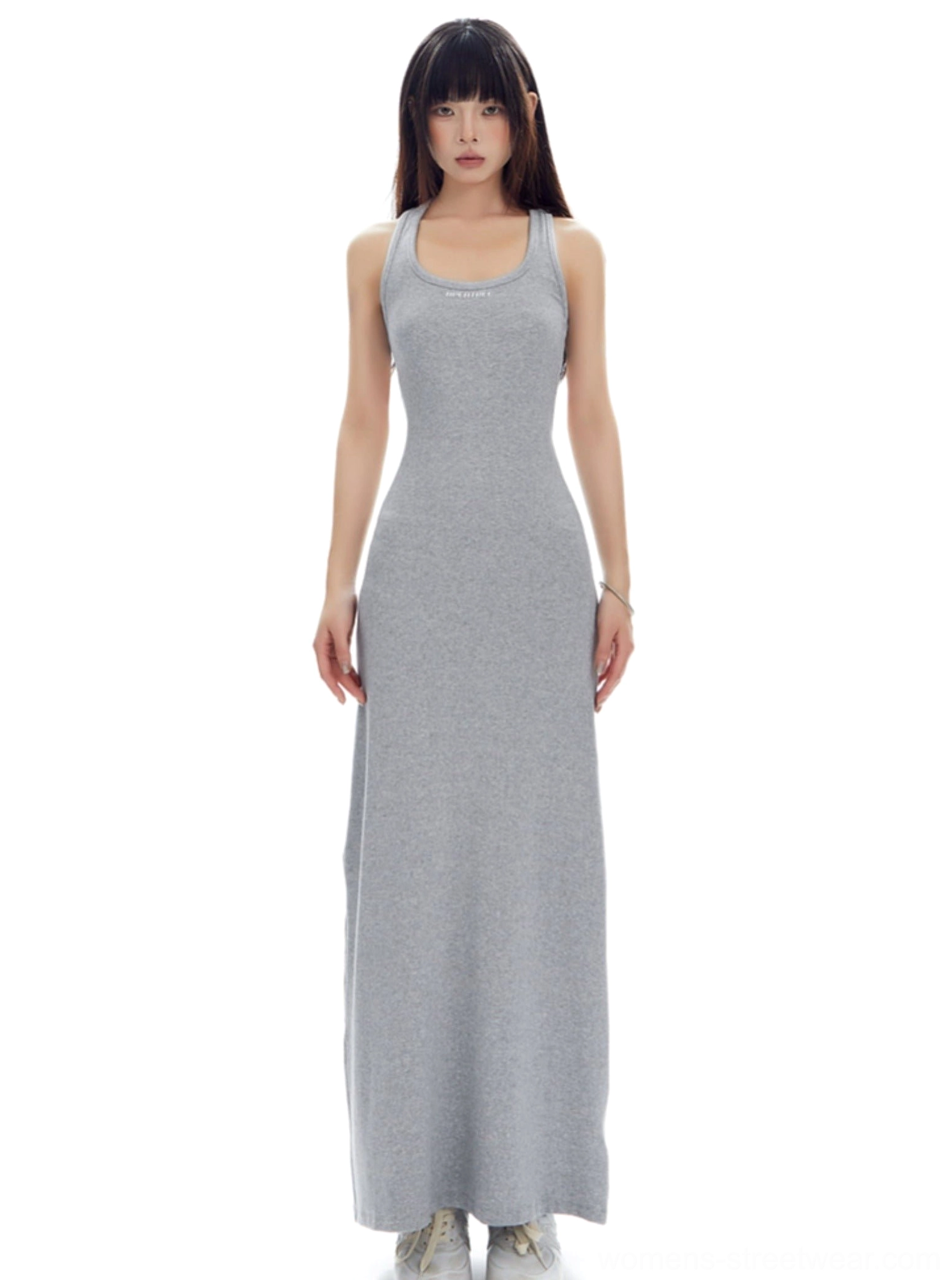 Flower ash light gray ribbed racerback maxi tank dress shown in a front full length studio view