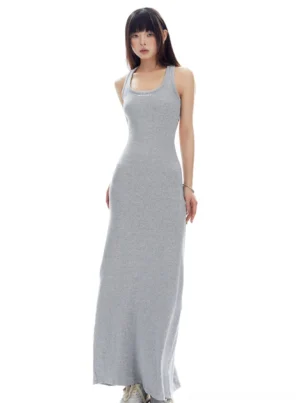 Flower ash light gray racerback ribbed open back maxi dress in a left three quarter full body studio view