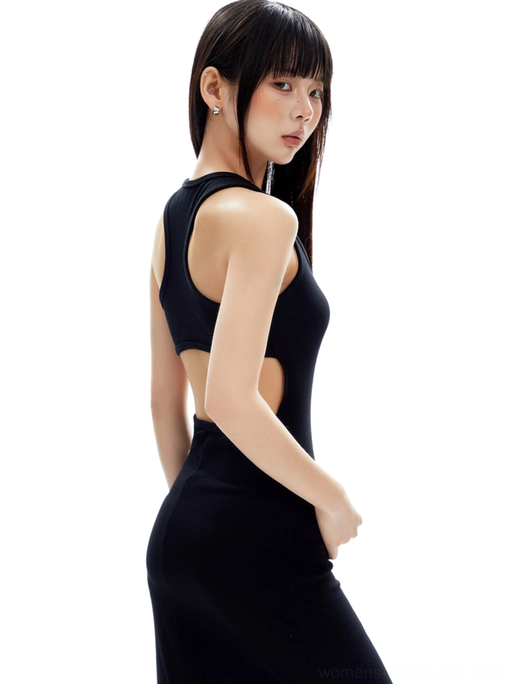 Racerback ribbed open back maxi streetwear dress product view with slim fitted silhouette