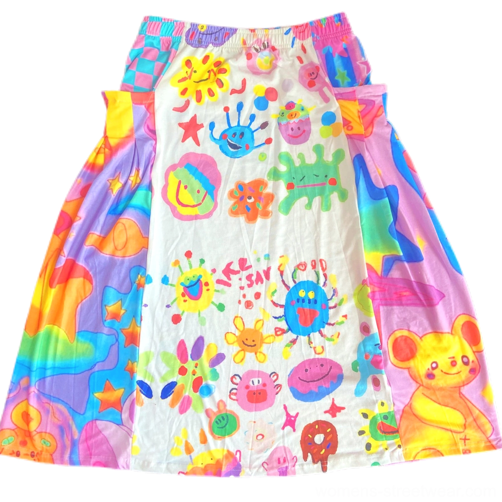 Rainbow doodle print A-line midi skirt shown flat with cute cartoon graphics, contrast side panels, elastic waistband, and colorful streetwear design
