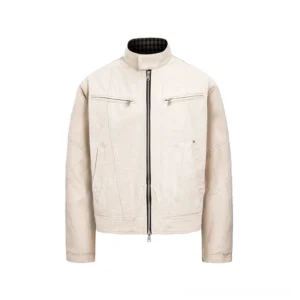 Raw denim white canvas Harrington jacket front view with stand collar and twin chest zipper pockets