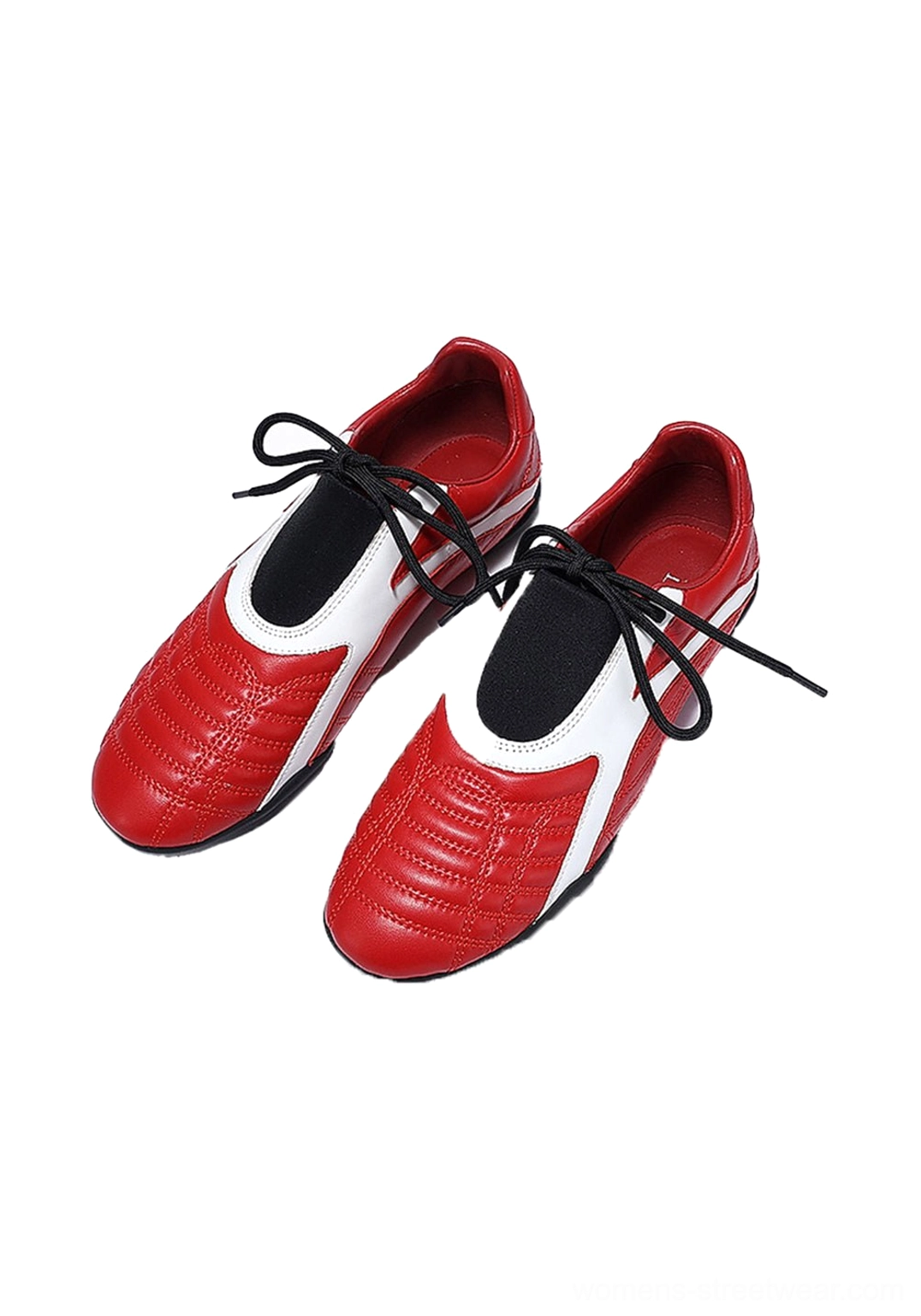 Rear view of red quilted sneakers showing the solid red heel panels, tied black laces, and flat black rubber outsole