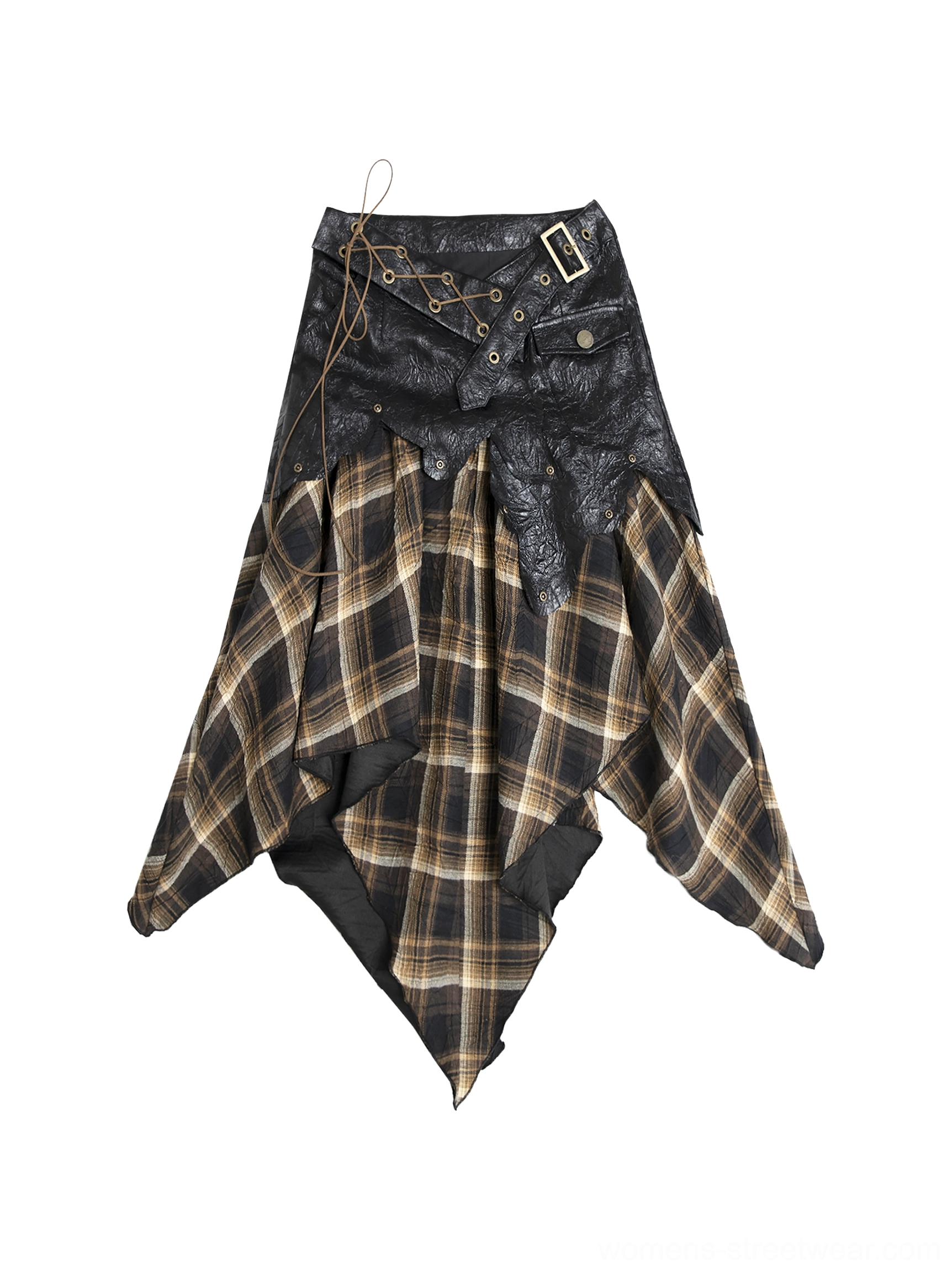 Front flat lay of brown black and yellow tartan asymmetrical midi skirt with pointed handkerchief hem buckled dark waist panel and lace-up details