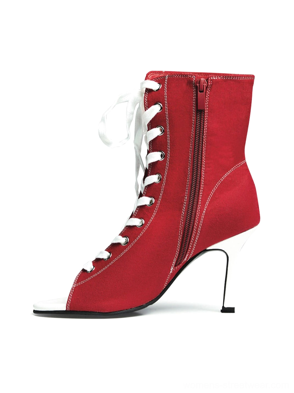 Red canvas lace-up peep-toe stiletto ankle boots shown from the front side with white laces, open toe, contrast toe cap, side zipper, and slim heel