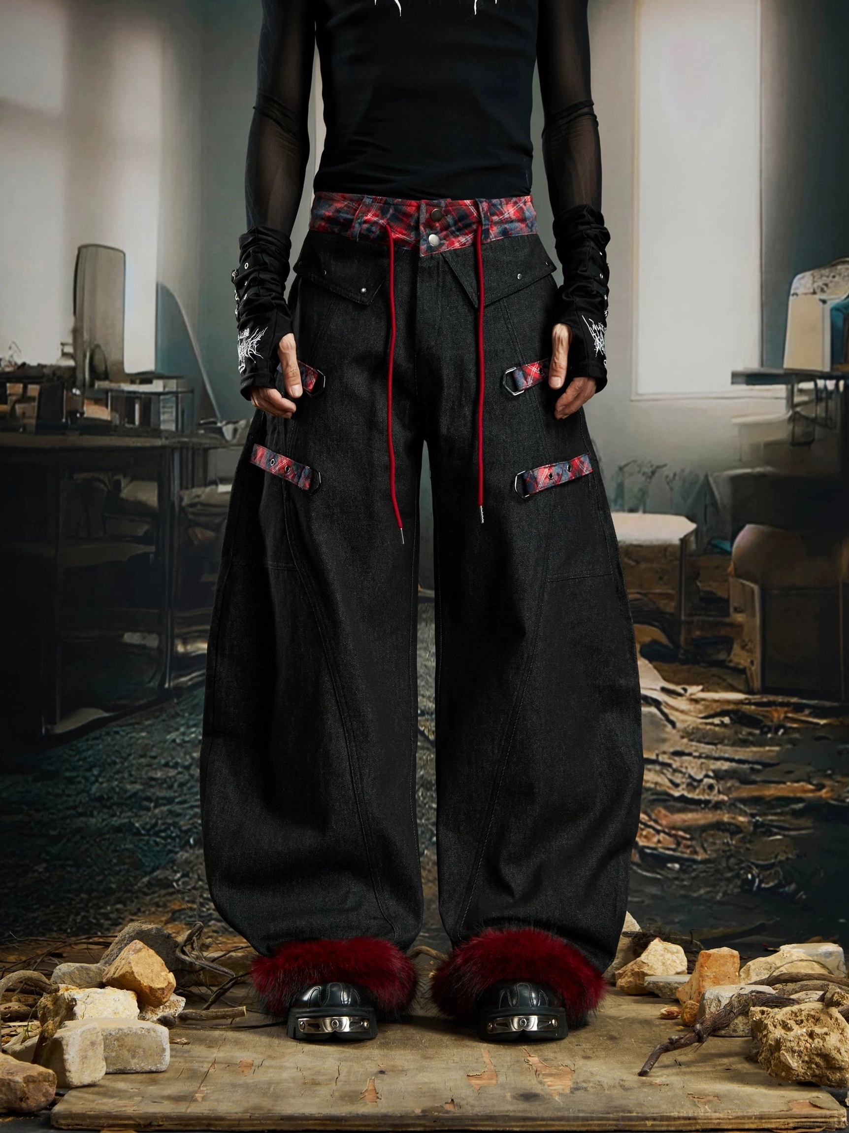 Red and black plaid fur-hem streetwear cargo pants with oversized black legs decorative straps and detachable faux-fur cuffs