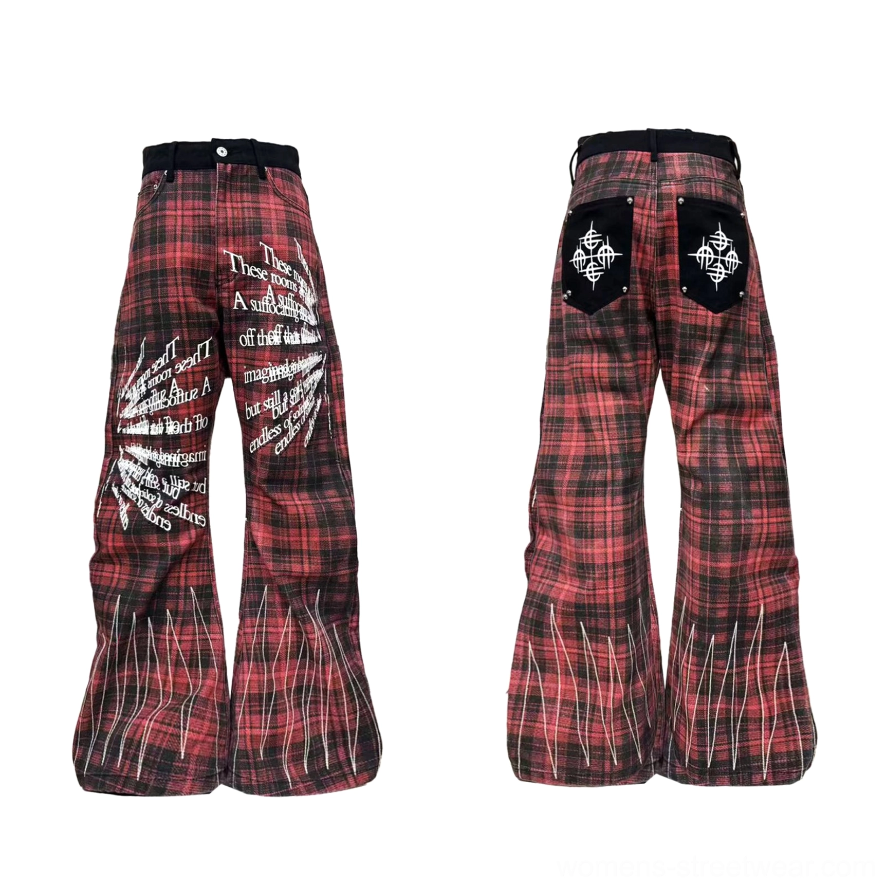 Flat lay of red and black plaid gothic flare trousers with front sigil graphics black waistband and printed hem details