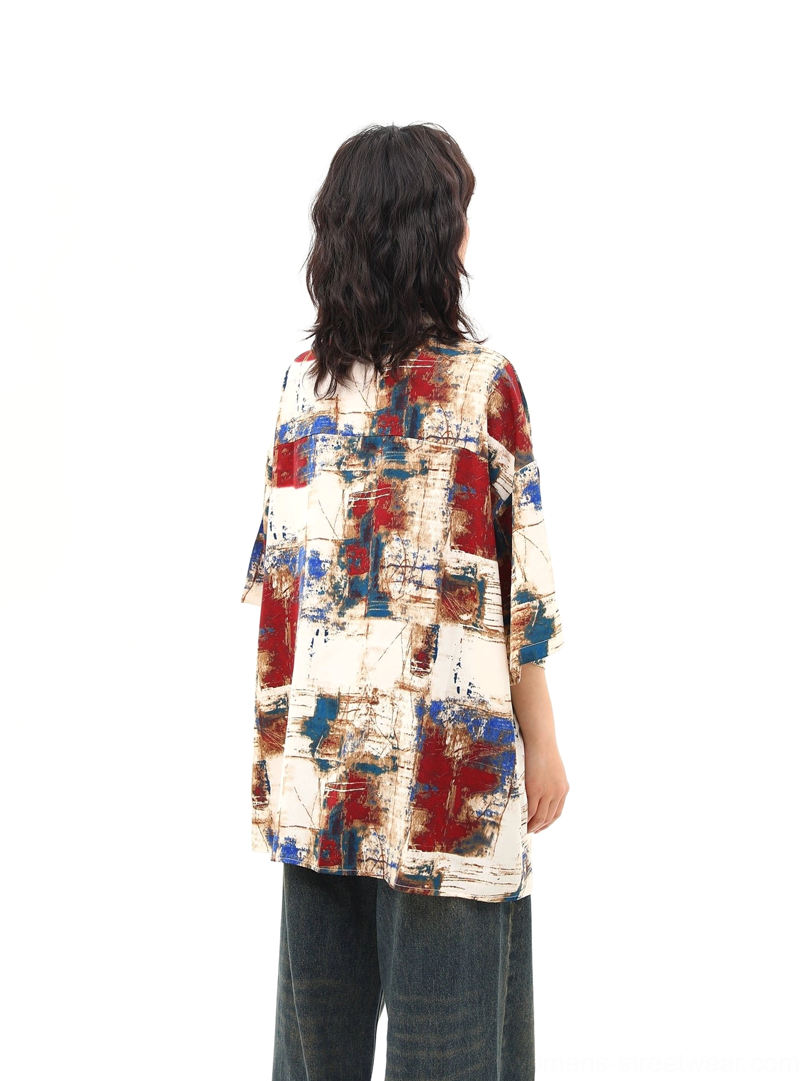 Back view of red blue abstract print oversized short sleeve button up streetwear shirt
