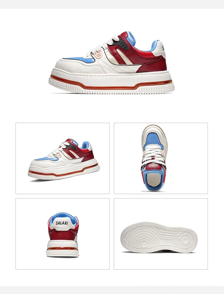 Red blue and white color-blocked chunky platform sneaker product views with bold urban streetwear panels