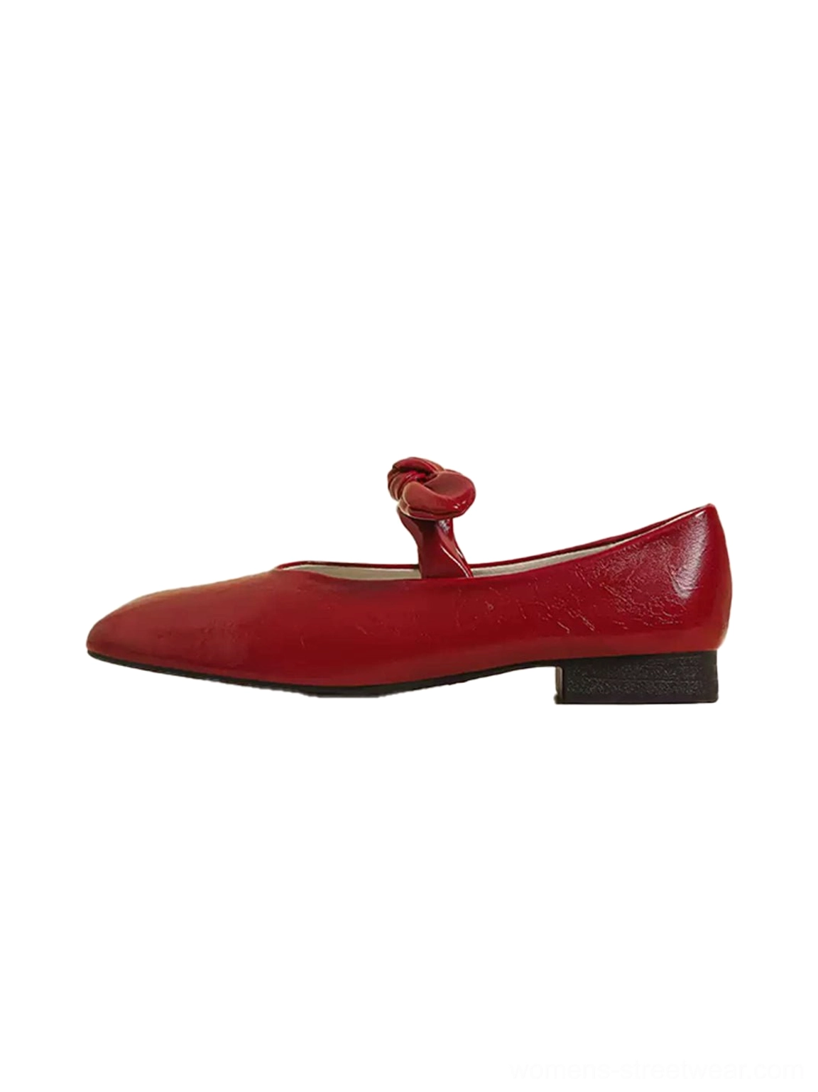 Red bow square-toe Mary Jane flats with rich red textured upper, asymmetrical instep strap, and low block heel