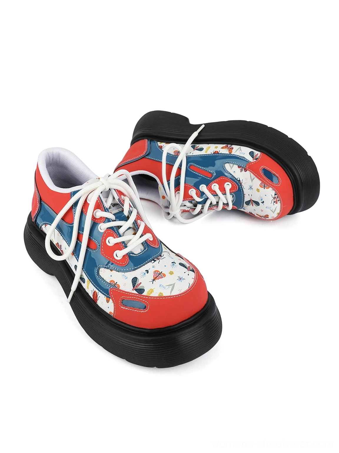 Red butterfly print platform derby shoes with contrasting blue and white upper details