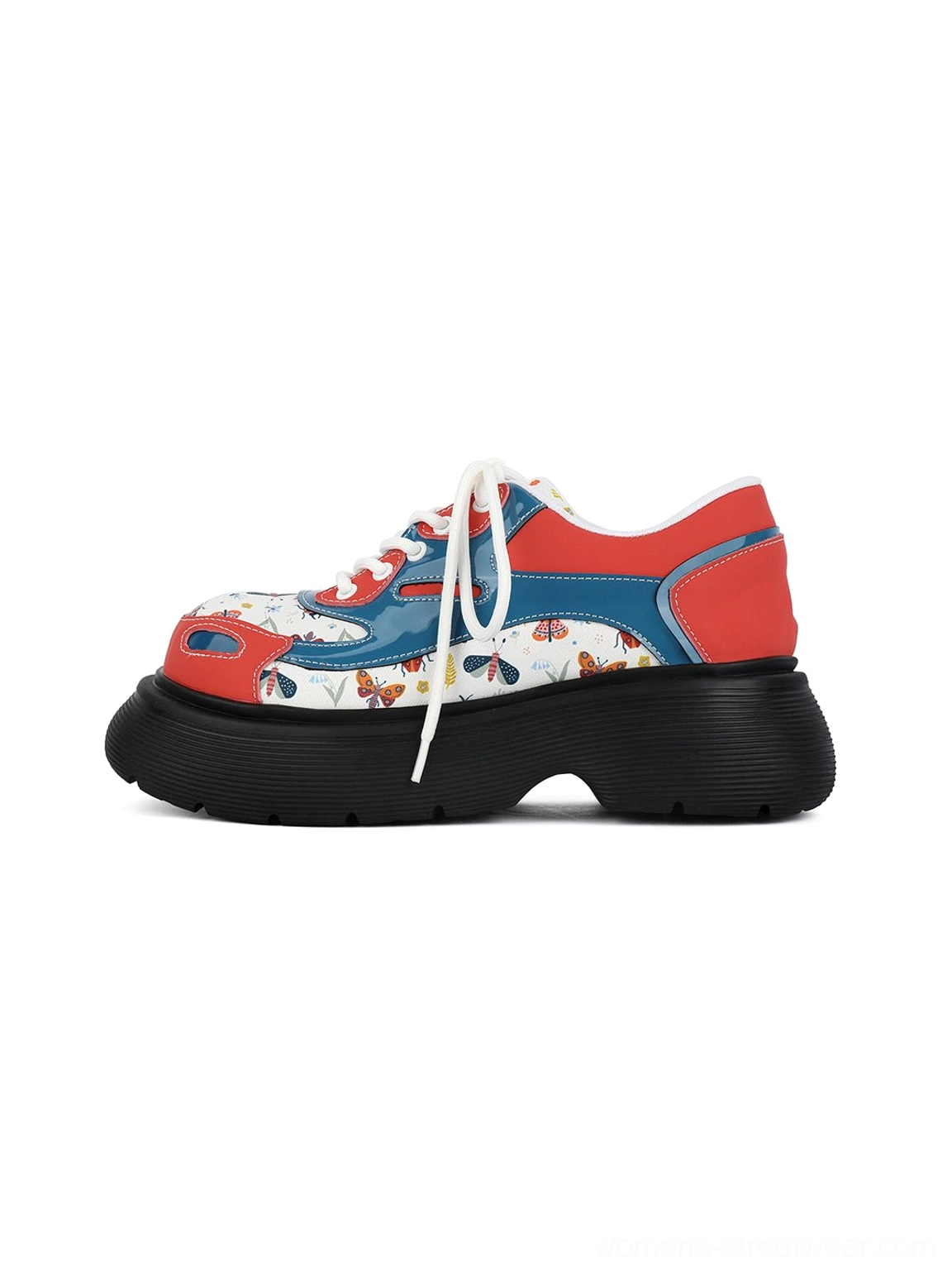 Red butterfly print platform derby shoes with blue and white graphic panels and chunky black sole shown from the left side