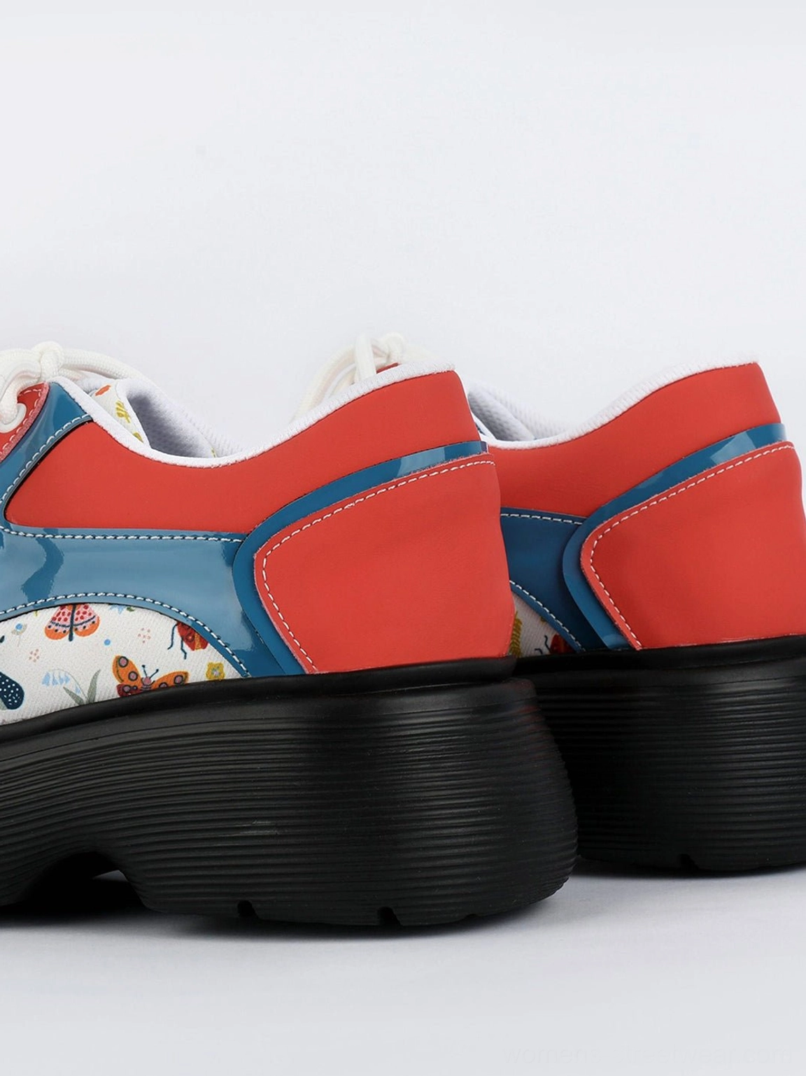 Red butterfly print platform derby shoes detailed product view for Y2K streetwear outfits
