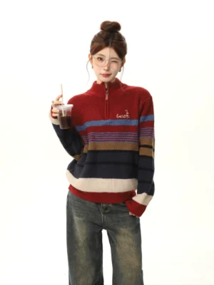Front view of a red color-block striped half-zip knit sweater styled with vintage wide-leg jeans in a Korean streetwear outfit