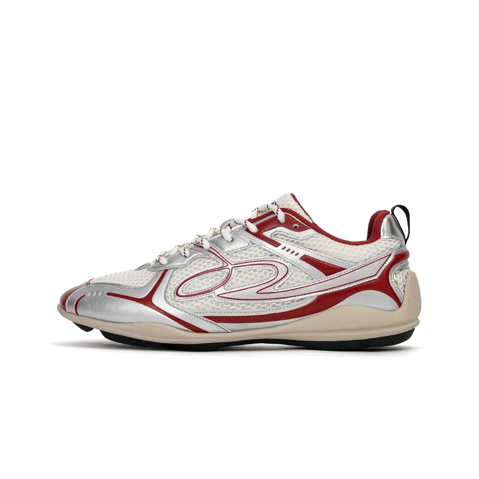 Red and cream vintage retro runner sneaker studio side profile with breathable cream mesh bright red leather-style trims curved side detail and rubber outsole