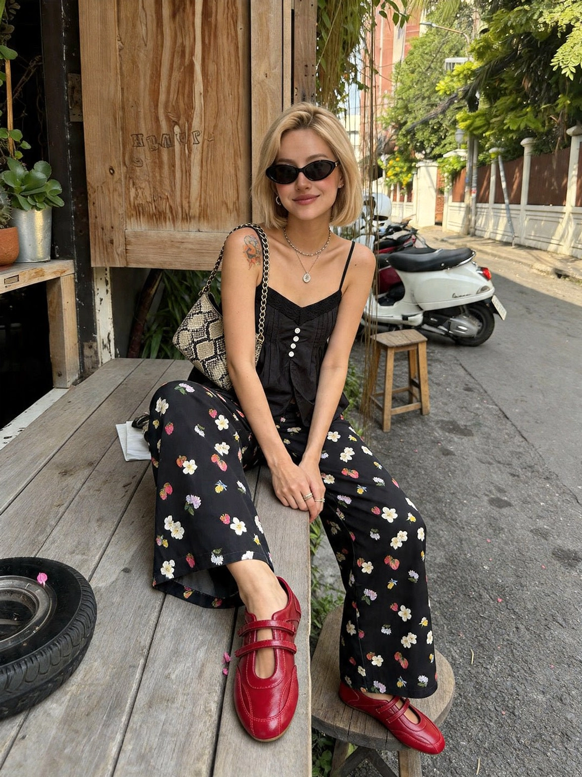 Woman wearing red crisscross strap flats with black camisole and floral wide-leg pants at an outdoor cafe