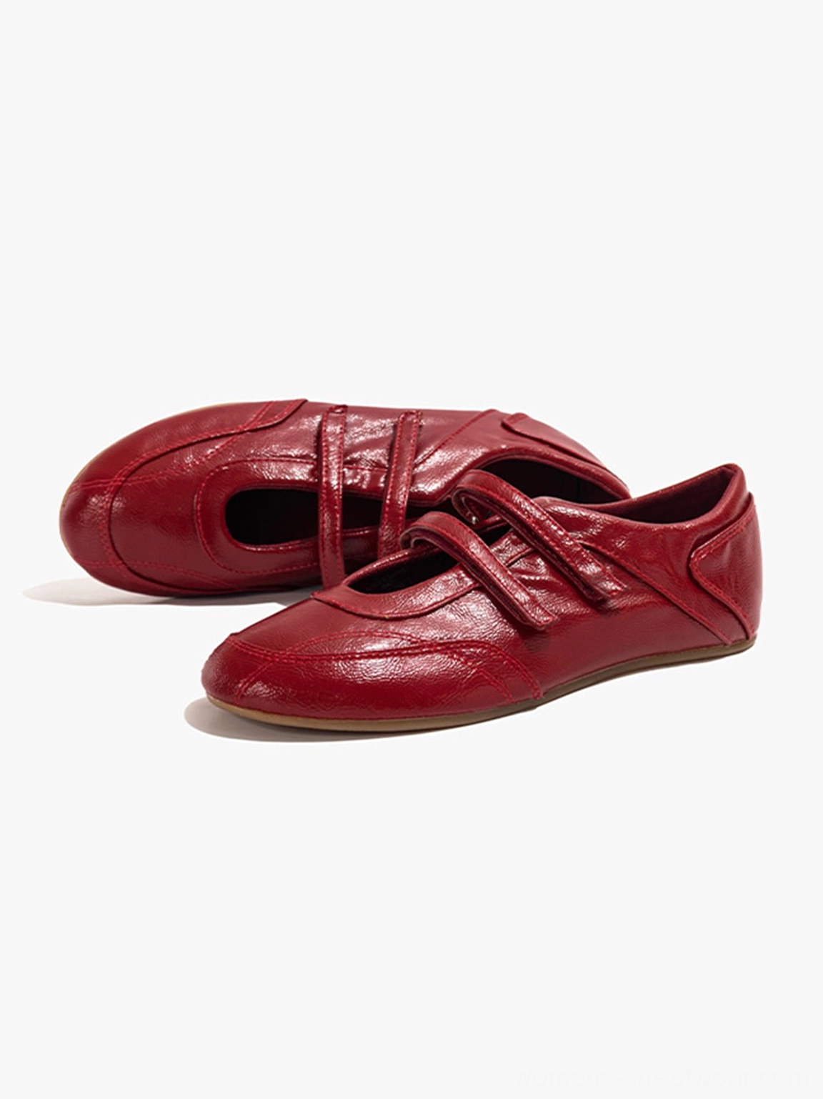 Red crisscross strap leather-look flats for women styled as Korean streetwear ballet shoes