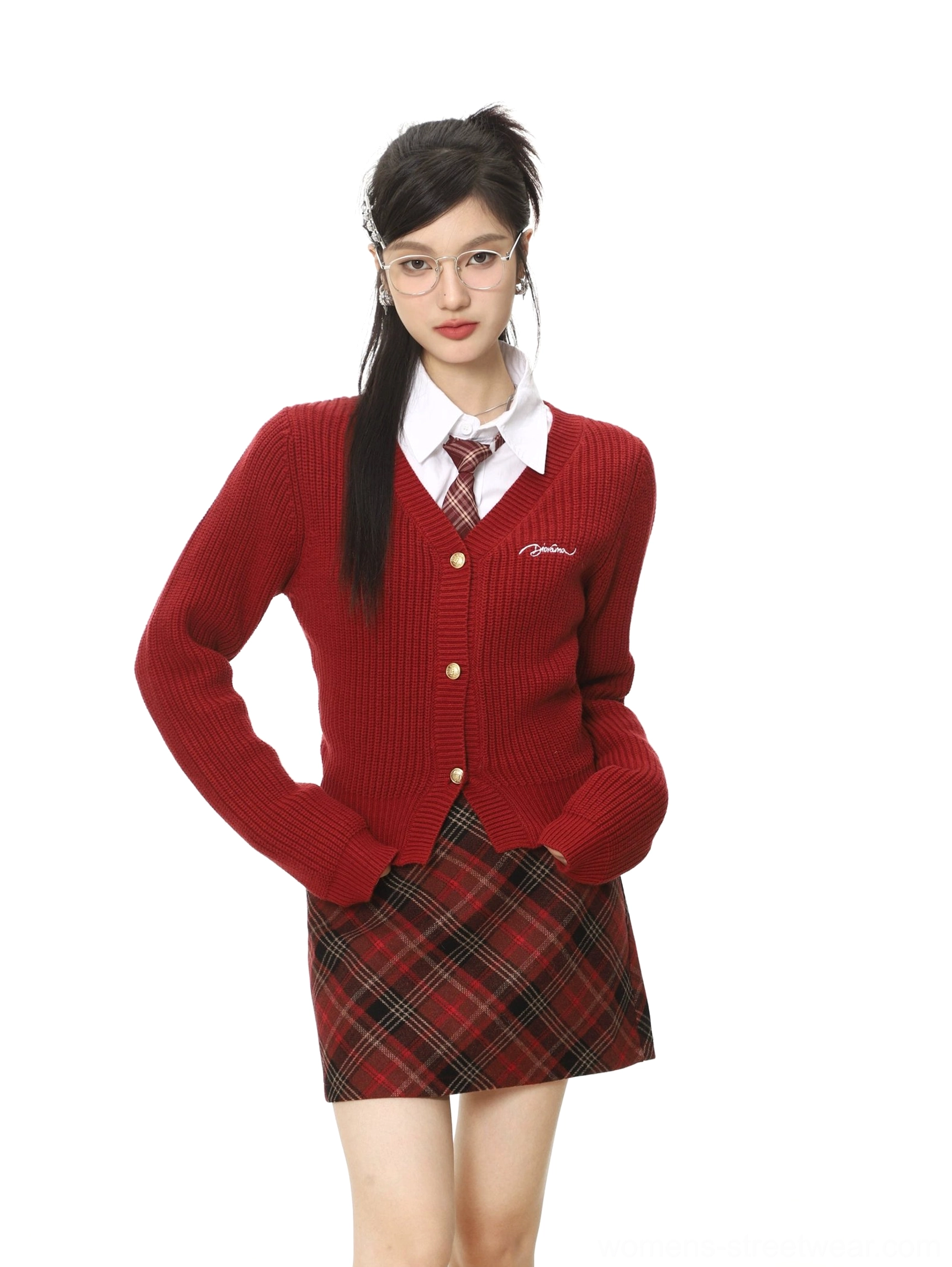 Asian model wearing red cropped knit cardigan and scotch red tartan plaid mini skirt with necktie in preppy Korean fashion style