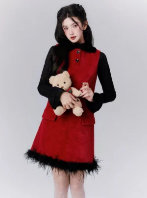 Red feather trim tweed mini dress set with black lace style long sleeve base layer, faux fur collar and decorative front buttons