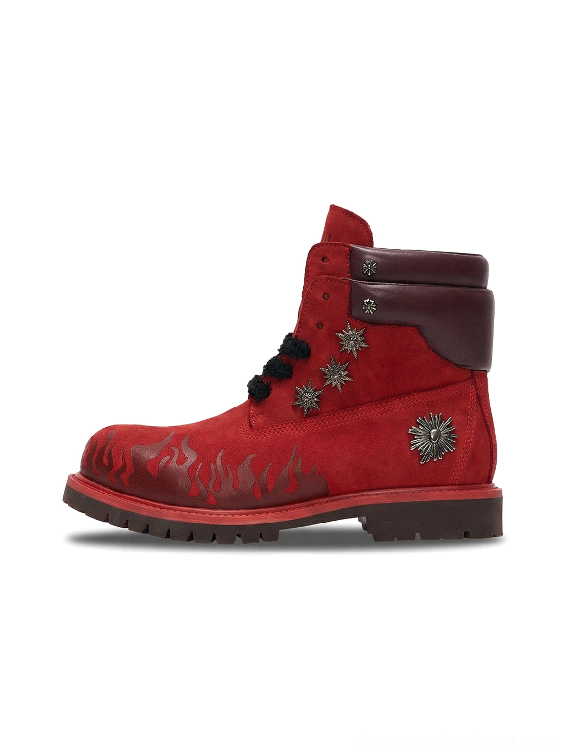 Red flame appliqué genuine leather lug sole combat boots in side profile with black laces, metal accents, and rugged rubber outsole