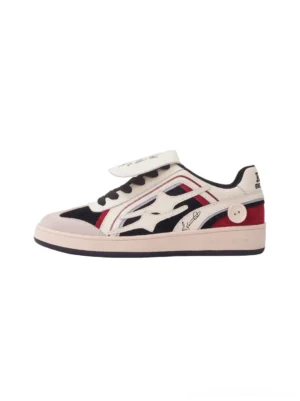 Red flame panel retro skate sneakers in off-white black and red with graffiti Velcro tongue side studio view