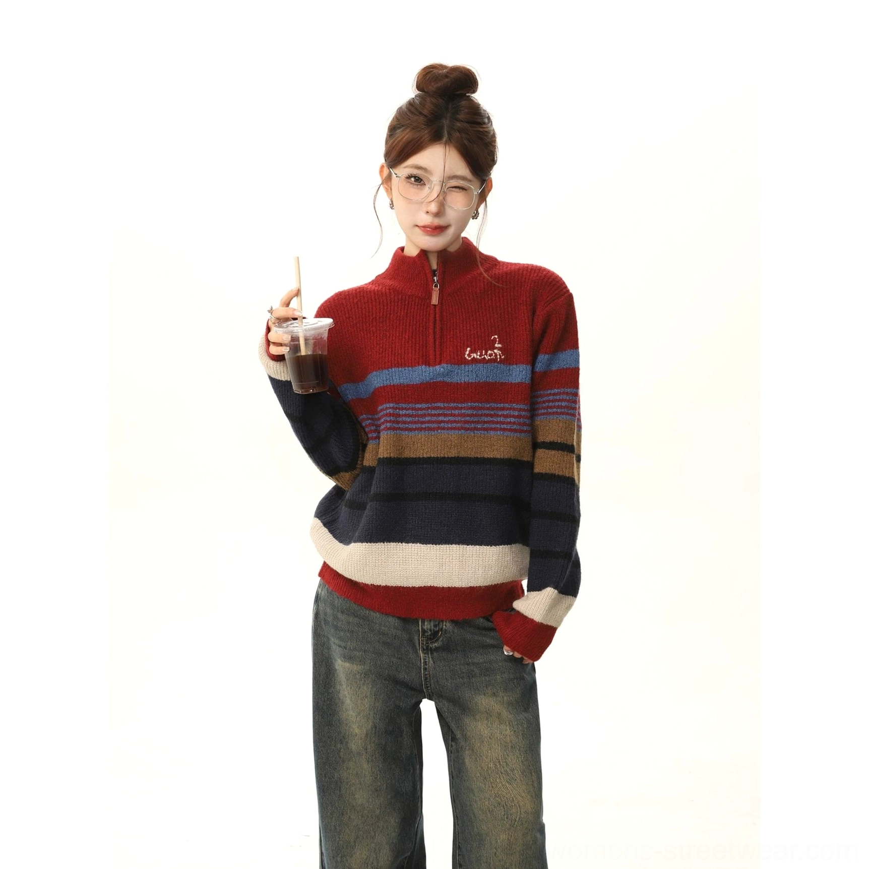 Close full-body view of a red half-zip striped knit sweater with ribbed cuffs styled as a casual Korean fashion outfit