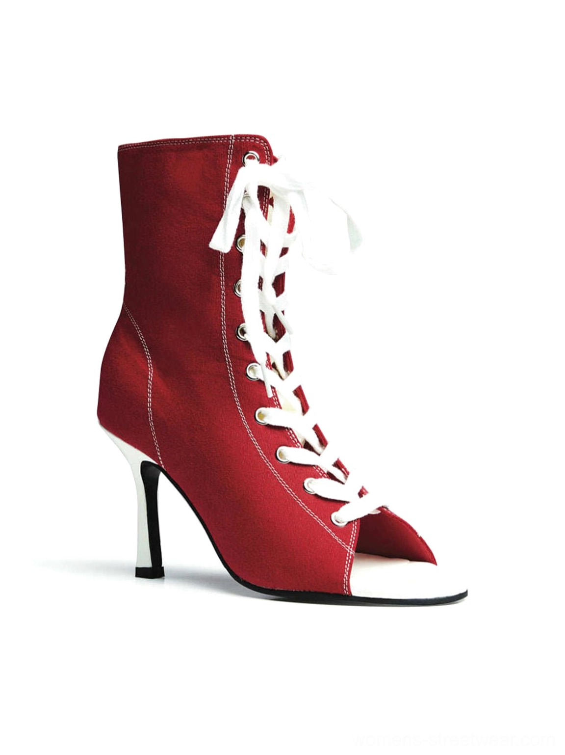 Side and back detail of red lace-up peep-toe stiletto ankle boots showing ankle zipper, white laces, contrast heel, and red upper