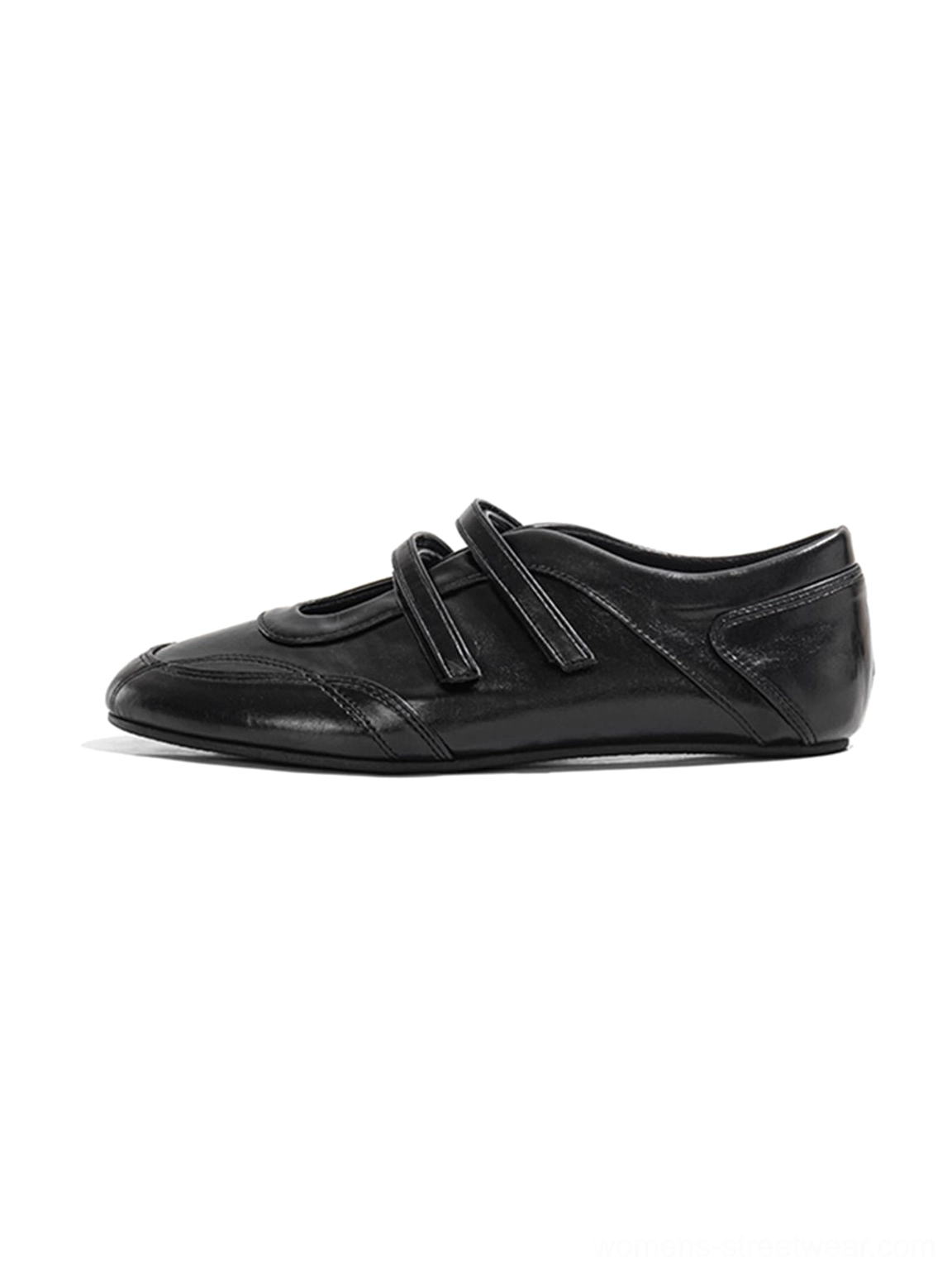 Red leather-look ballet flats with dual crossed straps and low-profile streetwear silhouette