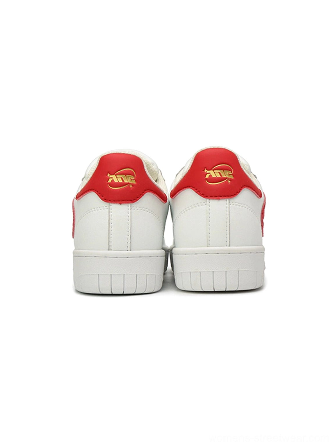 Rear view of red lucky clover chunky platform sneakers with matching heel tabs and textured soles