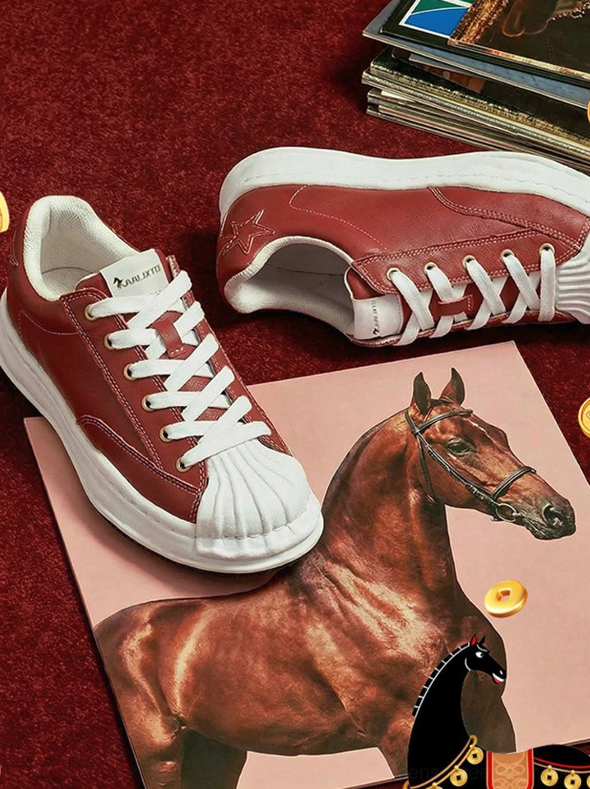 Red molded-toe court sneakers with white accents shown in a detailed product view for streetwear styling