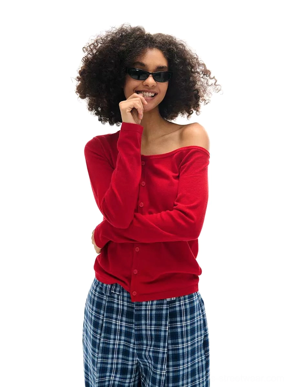 Red off-shoulder button-front knit cardigan with fitted sleeves styled in a contemporary Seoul streetwear outfit