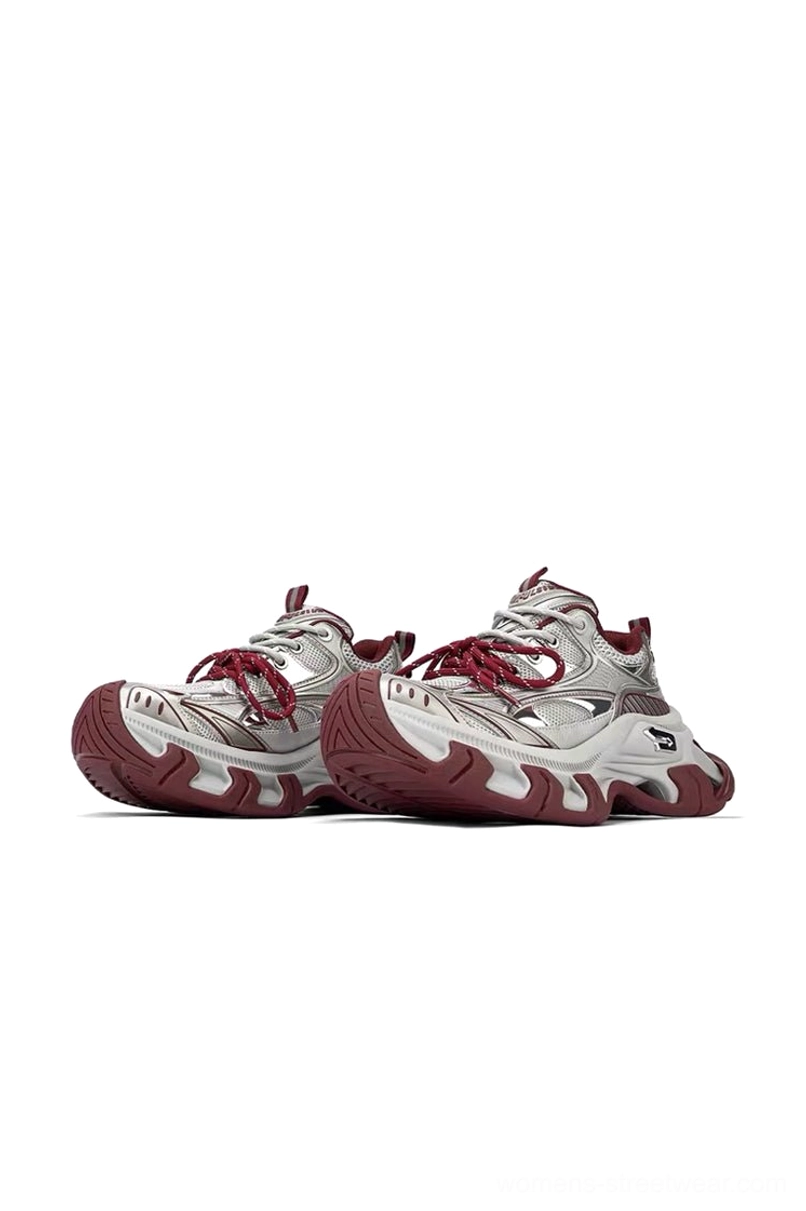 Pair of matching red Papillon platform sneakers displayed from above, showing the metallic silver upper and burgundy accent details