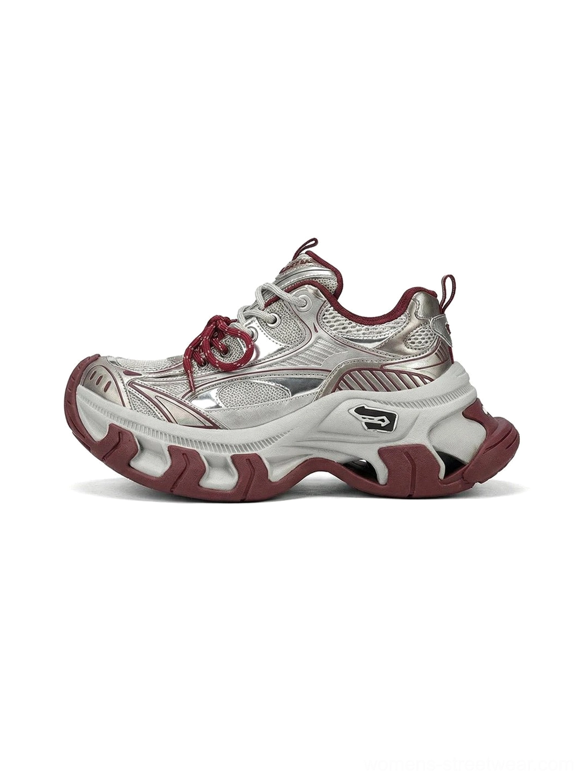 Red and silver Papillon platform sneakers with burgundy laces, chunky dad shoe silhouette, textured metallic upper, and layered streetwear sole