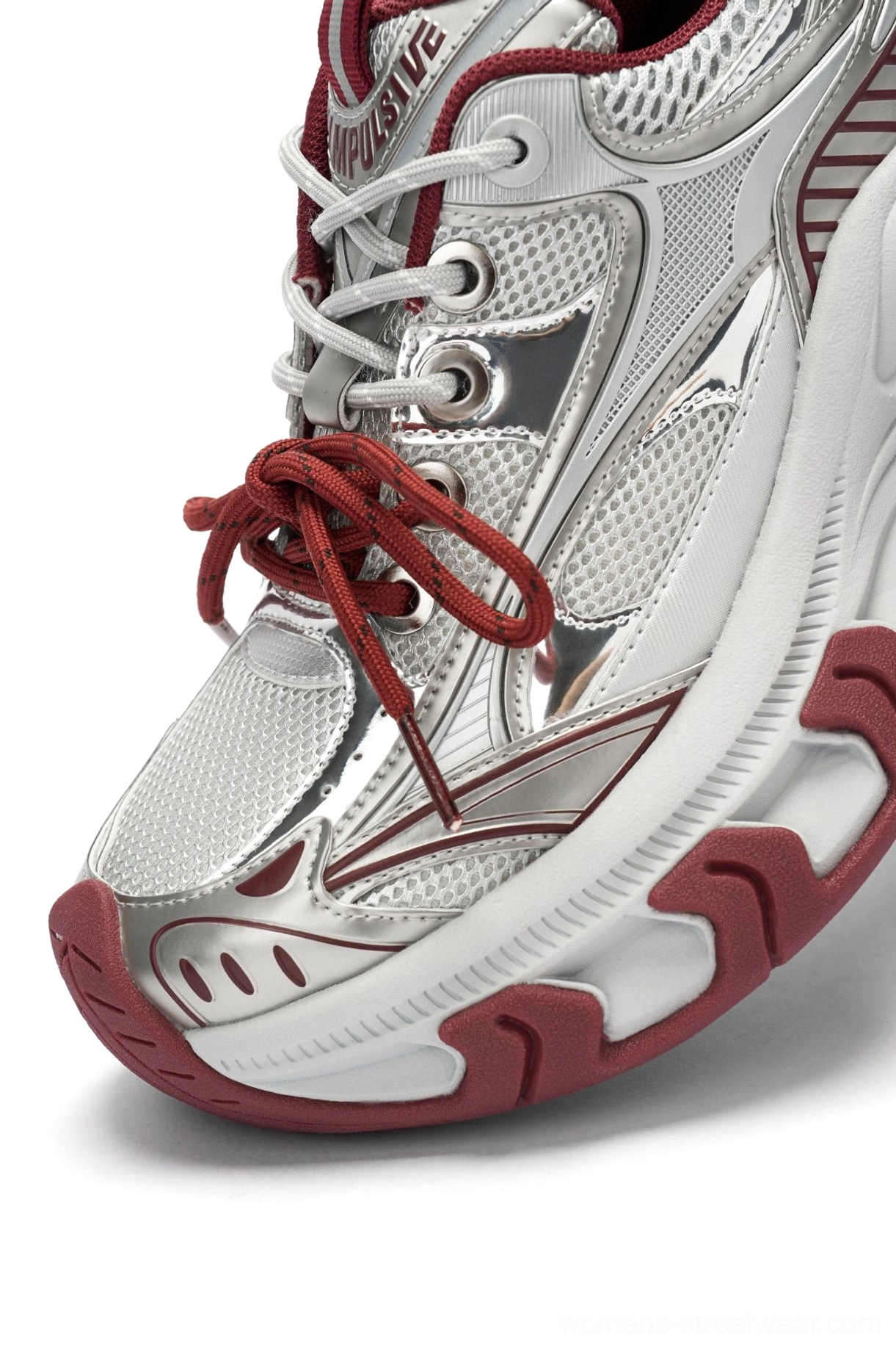 Red Papillon metallic platform sneakers product image featuring chunky proportions, burgundy details, and contemporary Y2K streetwear styling