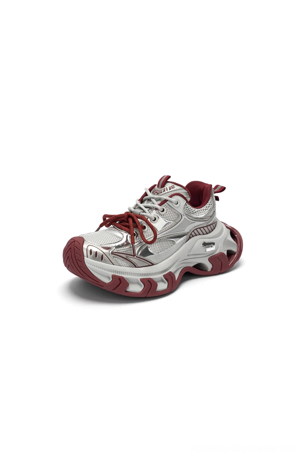 Single red and silver platform sneaker in front three-quarter view with burgundy laces, chunky outsole, and sculpted streetwear silhouette