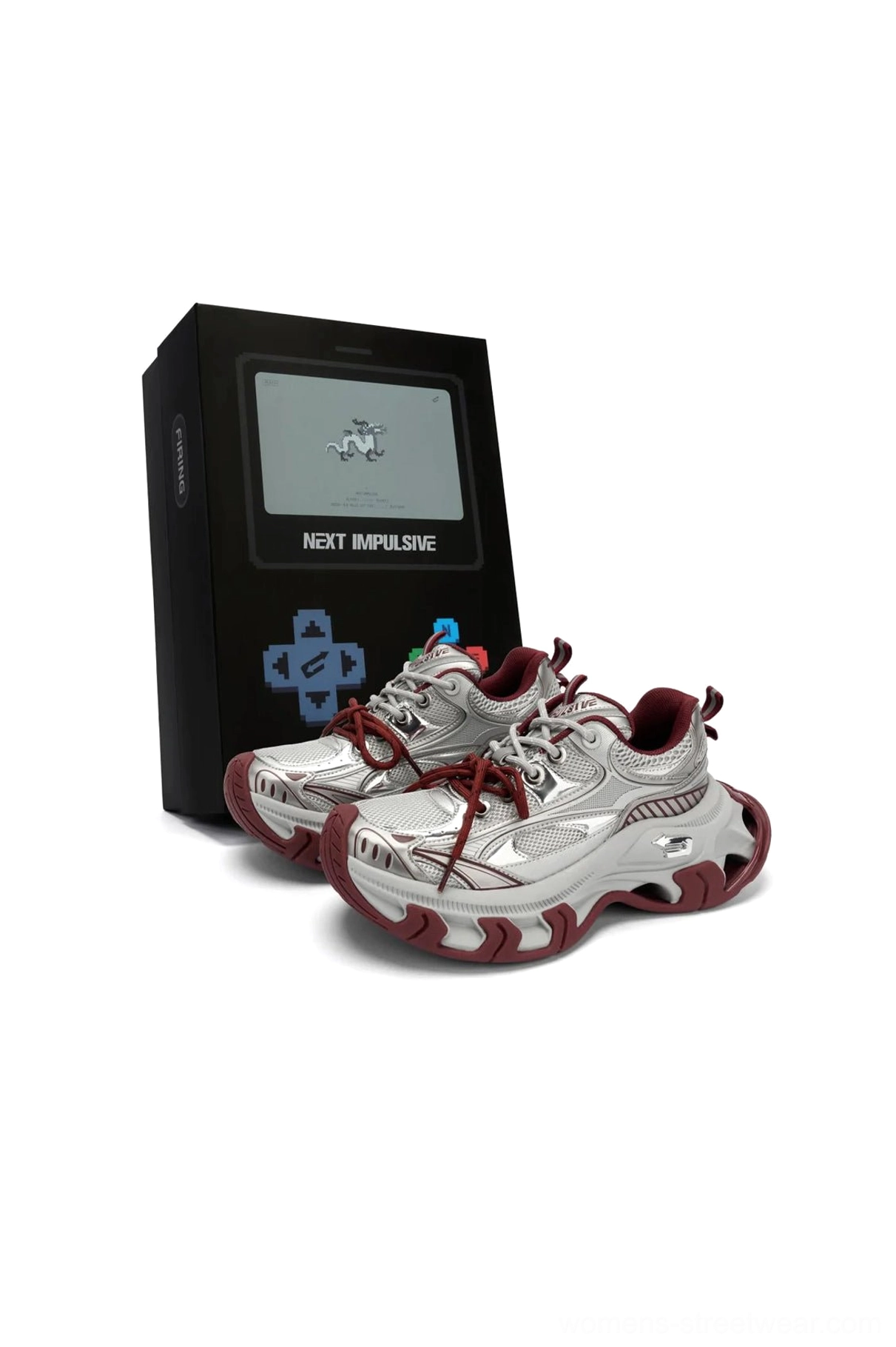 Red and silver Papillon chunky platform sneakers designed for women's Y2K outfits, Seoul streetwear looks, and everyday statement styling